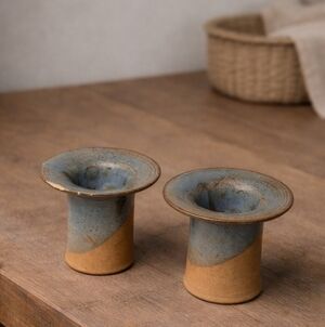 Set Of 2 Stoneware Candle Holders Blue/Grey And Tan